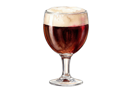 watercolor dark ale or brown beer in a goblet glass, isolated illustration