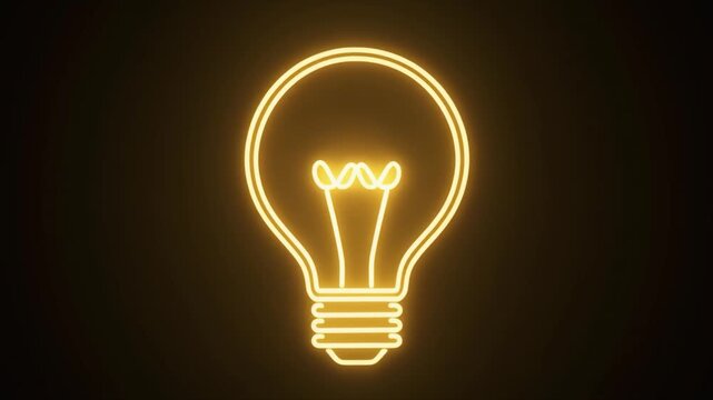 Glowing yellow neon outline of a light bulb with a filament on a dark background image photo