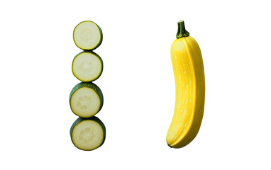Yellow squash alongside stacked green slices, offering a contrast of colors and textures. Isolated on white background.