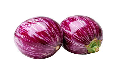 Two vibrant purple striped eggplants with glossy skins and a unique pattern. Isolated on white background.