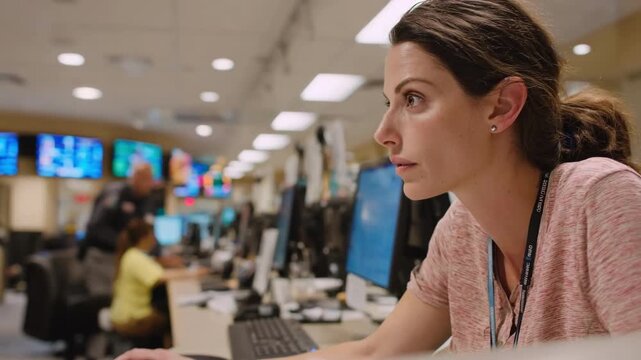 Medium shot of an emergency center intake desk with focused triage nurse assessing patient information blurred background showing triage bays and vital sign monitors.