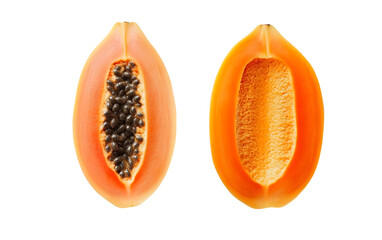 A papaya split into one seeded and one empty half, highlighting the vibrant orange flesh and white seeds. Isolated on white background.
