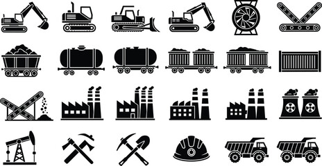 Mining and industrial icon set featuring excavators, dump trucks, factory buildings, oil rigs, conveyor belts, railway wagons, tools, and heavy machinery vector silhouettes. © Creative Mind