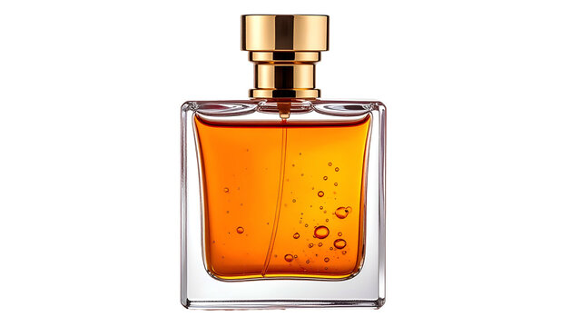 Amber liquid in square perfume bottle with gold lid