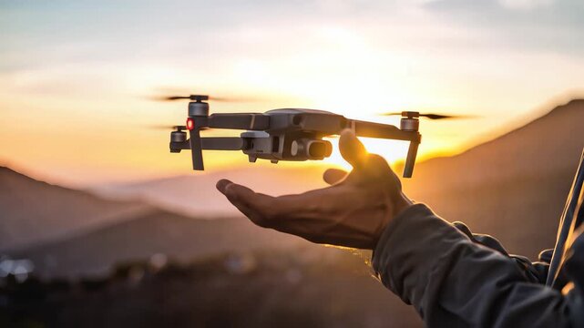 Drone ascending from outstretched hand against golden sunset mountain panorama