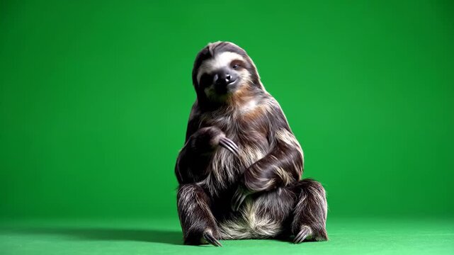 Adorable two toed sloth sitting and resting calmly on green screen background perfect for compositing and visual effects