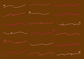 ハート付きピンクの手描き罫線セット　チョコレートのようなかわいいライン素材