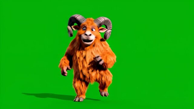Animated cartoon ram character walking on green screen background for compositing and motion graphics projects