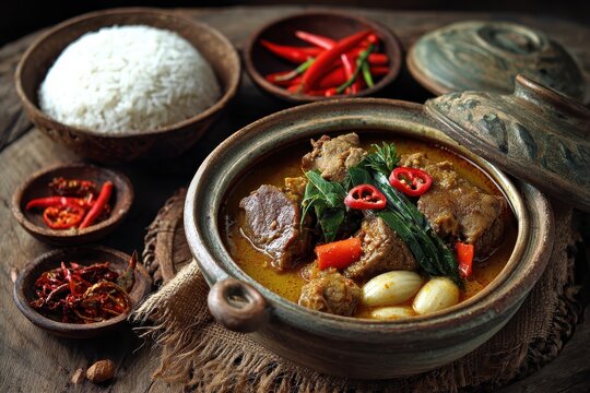 Deliciously prepared tongseng sapi spesial with tender beef, fresh vegetables, and aromatic spices served with rice and chili on a rustic wooden table