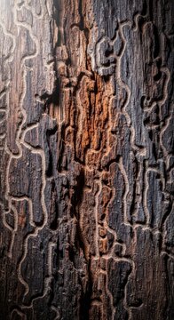 Dark, dusty surface texture of severe wood damage caused by termites or borers. An infestation backdrop or decay pattern, old, fibrous, nesting