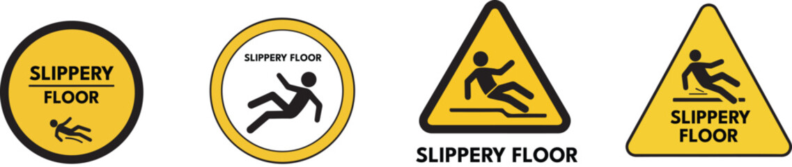 collection of slippery floor warning signs and wet surface caution icons with falling person pictogram