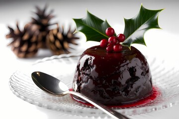 National Plum Pudding Day Illustration Featuring Traditional Holiday Dessert with Holly Garnish