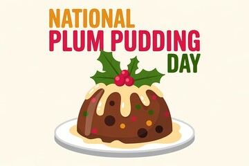 National Plum Pudding Day Illustration Featuring Traditional Holiday Dessert with Holly Garnish