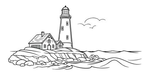 Vintage Lighthouse on Rocky Shore Outline Coloring Page
