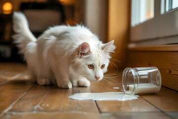 Curious White Cat Spilling Milk from Glass on Wooden Floor in Cozy Home Interior