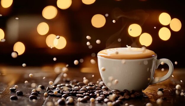 Milk or cream pouring into coffee cup creating splash and ripples, latte or cappuccino in ceramic mug, dynamic pour shot with liquid motion, coffee beans scattered on table, warm bokeh lights in bac