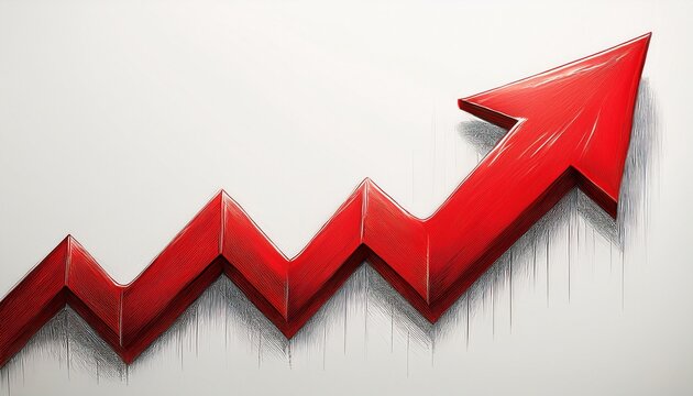 hand drawen red arrow surge zigzag growth indicator pointing upward in bold financial style white background