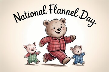National Flannel Day Cute Illustration with Happy Bear Family Wearing Cozy Plaid Outfits