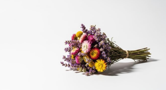 A captivating bundle of dry fragrant field flowers and aromatic cooking herbs basking in warm summer light, suggesting deep earthy aromas, perfume, oil, wellness