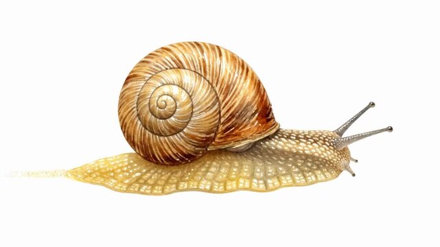 A close-up view of a watercolor snail, showcasing intricate details of its shell and the trail it leaves behind, on a white background