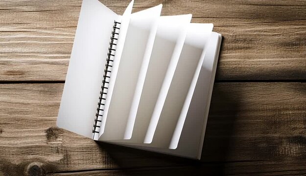 Blank white spiral notebook with black wire binding on rustic wooden table, open notebook with empty pages, one corner page curled up, top-down view, natural wood plank background