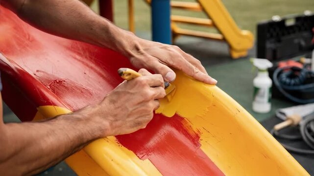 Focused shot of hands repairing a plastic slide applying protective coating while surrounding equipment fades softly out of focus.