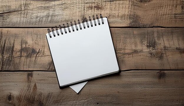 Blank white spiral notebook with black wire binding on rustic wooden table, open notebook with empty pages, one corner page curled up, top-down view, natural wood plank background