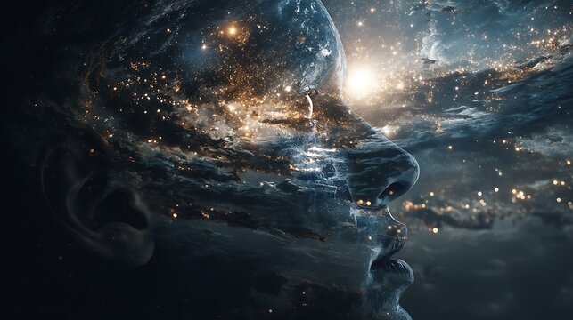 Inside a cosmic observatory built within a human head, galaxy swirling above, glowing constellations reflecting in glass, cosmic surreal art style, deep contrast and cinematic tone, 