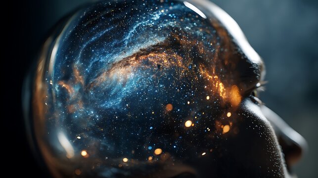 Inside a cosmic observatory built within a human head, galaxy swirling above, glowing constellations reflecting in glass, cosmic surreal art style, deep contrast and cinematic tone, 