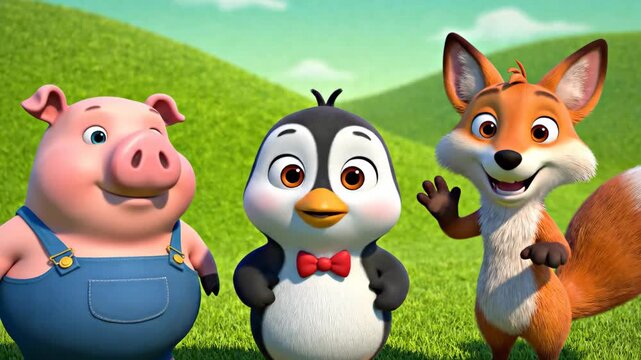 Cute cartoon animals pig penguin fox friends standing together on green grass background animated kids content