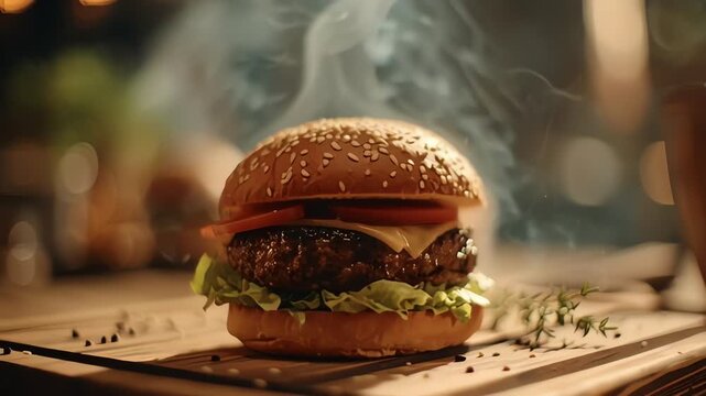 Juicy cheeseburger with lettuce and tomato on wooden table