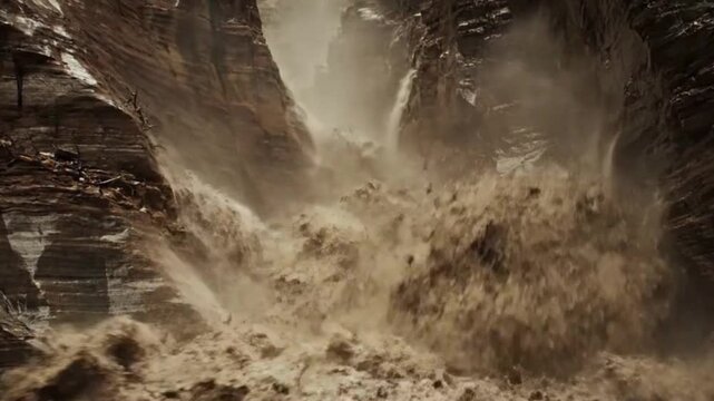 A powerful and dynamic depiction of a sudden and forceful landslide, showcasing the raw power of nature.