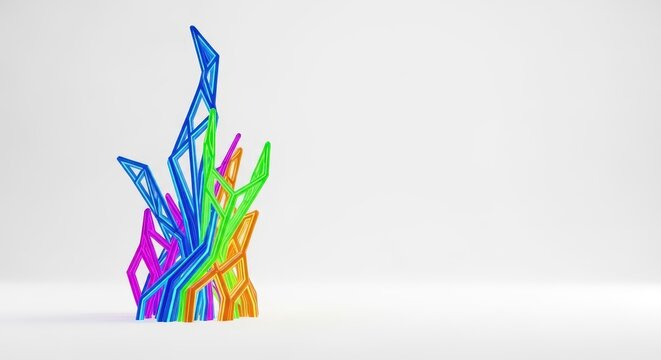Abstract futuristic structure growing out of a completely empty white void, symbolizing innovation, startup creation, and fresh perspectives, imagination, glow, strategy