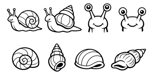 Fototapeta premium Hand drawn line art snail and shell set featuring different types of snails and various spiral shells for nature and animal concepts