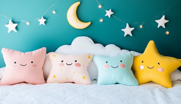 Cute kawaii star and moon shaped pillows on bed, smiling faces with rosy cheeks, pastel colors including yellow star, pink cloud, light blue star, white crescent moon, turquoise teal wall background