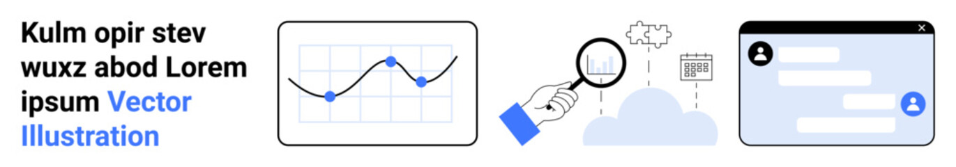 Obraz premium Data visualization, analytics, cloud technology, user interface design, digital networking, online communication. Includes graph, magnifying glass cloud icons and chat UI. Data visualization