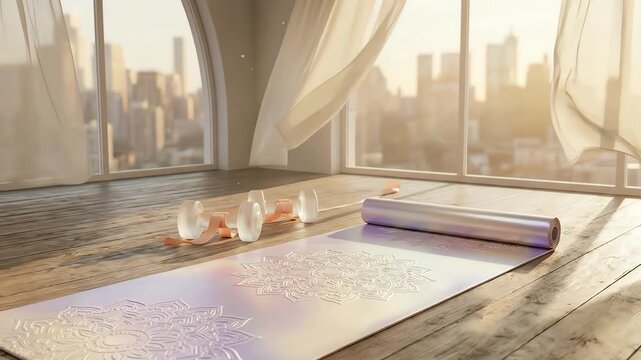 A serene wellness setup with a yoga mat and weights in a sunlit urban apartment, ready for a mindful fitness routine.