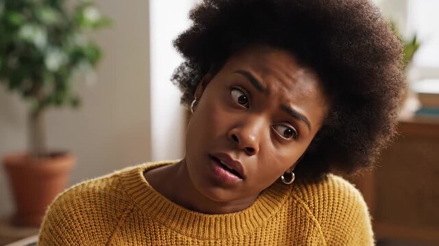 Woman looks uneasy questioning distrustfully expression skeptical inquisitive worried uncertain yellow sweater indoors suspicious doubtful reaction close up