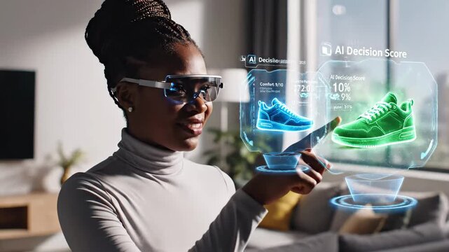 Woman using augmented reality glasses to compare shoes with ai decision scores displayed on virtual screens
