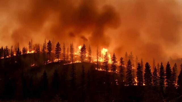 A raging forest fire consumes a hillside, casting a hellish glow across the landscape, symbolizing the destructive force of nature and the urgent need for conservation efforts.
