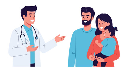 Obraz premium Doctor's Consultation with a Family: A professional doctor is consulting with a family, offering reassurance and explaining health information. The scene embodies trust, care.