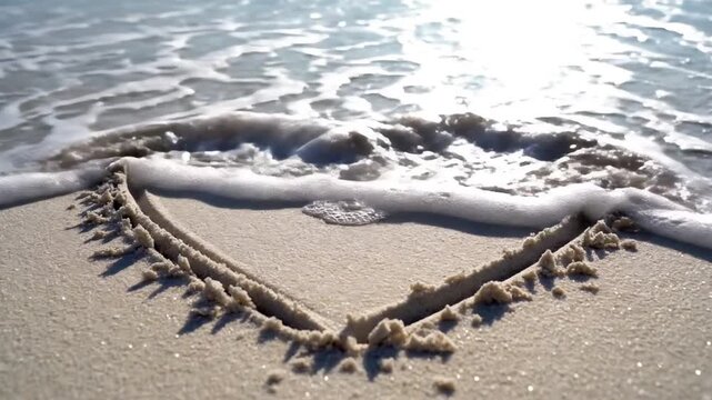 A heart shape drawn in wet sand is washed by incoming ocean waves on a sunny beach.