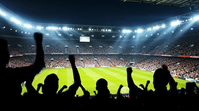  This is a high-angle, atmospheric shot from the perspective of the upper stands in a massive, crowded football stadium during a night match. 