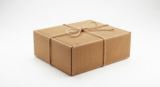 Isolated shipping parcel carton box tied with rustic twine string lying on a white background. Ready for postal delivery or courier service worldwide, post, rustic, holiday