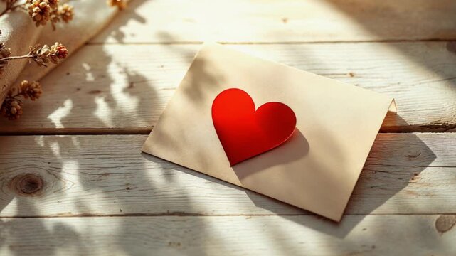 Sunlight moving across a red heart on a love letter resting on a rustic white wooden table