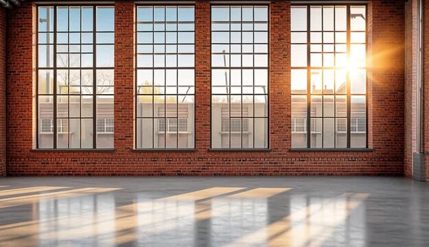 Empty industrial loft interior with exposed red brick walls, large factory-style grid windows with natural sunlight streaming in, polished concrete floor with reflections
