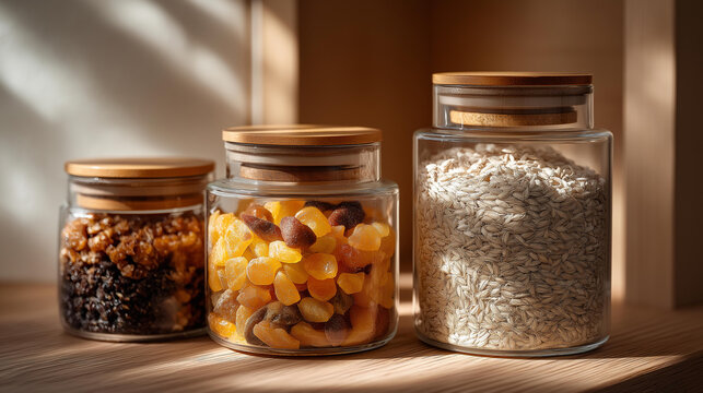 Different types of pet food storage solutions are showcased while refilling pet food, indicating organization and preparation for feeding pets. cinematic color correction, natural uneven lighting