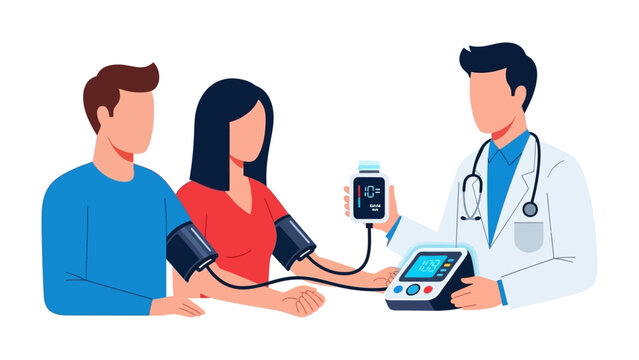 Health Check: A medical professional conducts a blood pressure examination for a couple in a sterile clinical environment. This illustrates a critical element of health and preventive care.