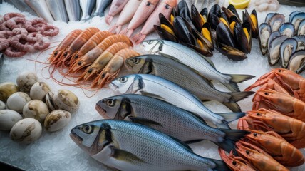 Colorful fish market assortment with shellfish, clams, and langoustines in a chilled presentation.