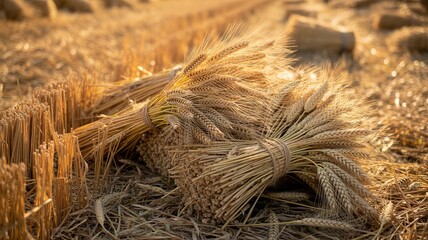 Stylized agricultural scene with golden wheat, cylindrical hay, and soft textures in a rural landscape.